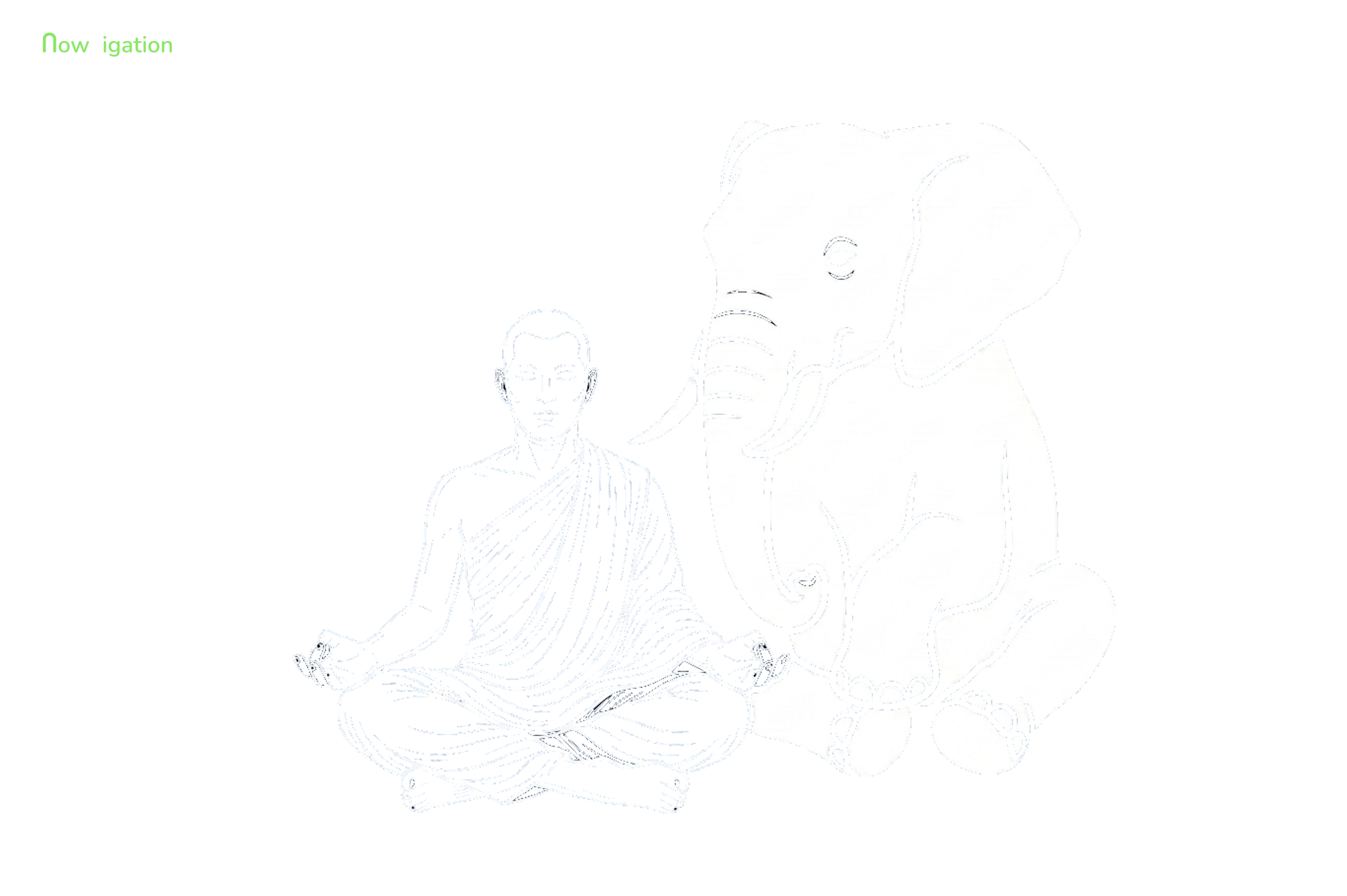 Nine Stages of Shamatha meditation - stage nine Calm Abiding, the practitioner sits in effortless stillness with the elephant at rest beside him, Nowvigation illustration